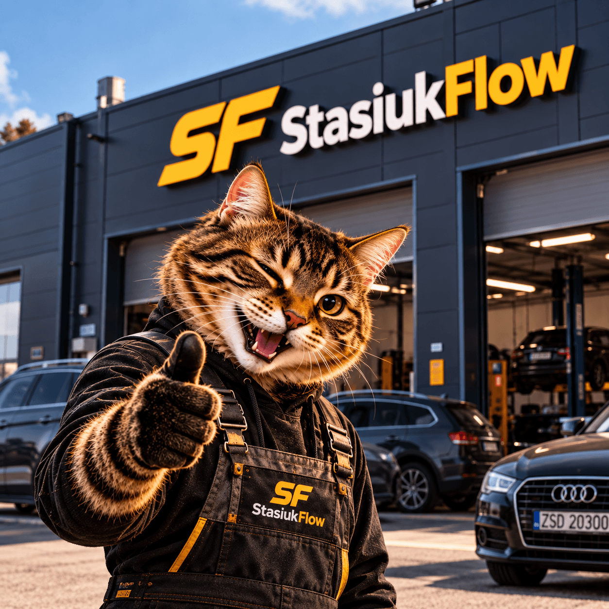 Kot mechanik pokazuje kciuk w górę przed warsztatem StasiukFlow